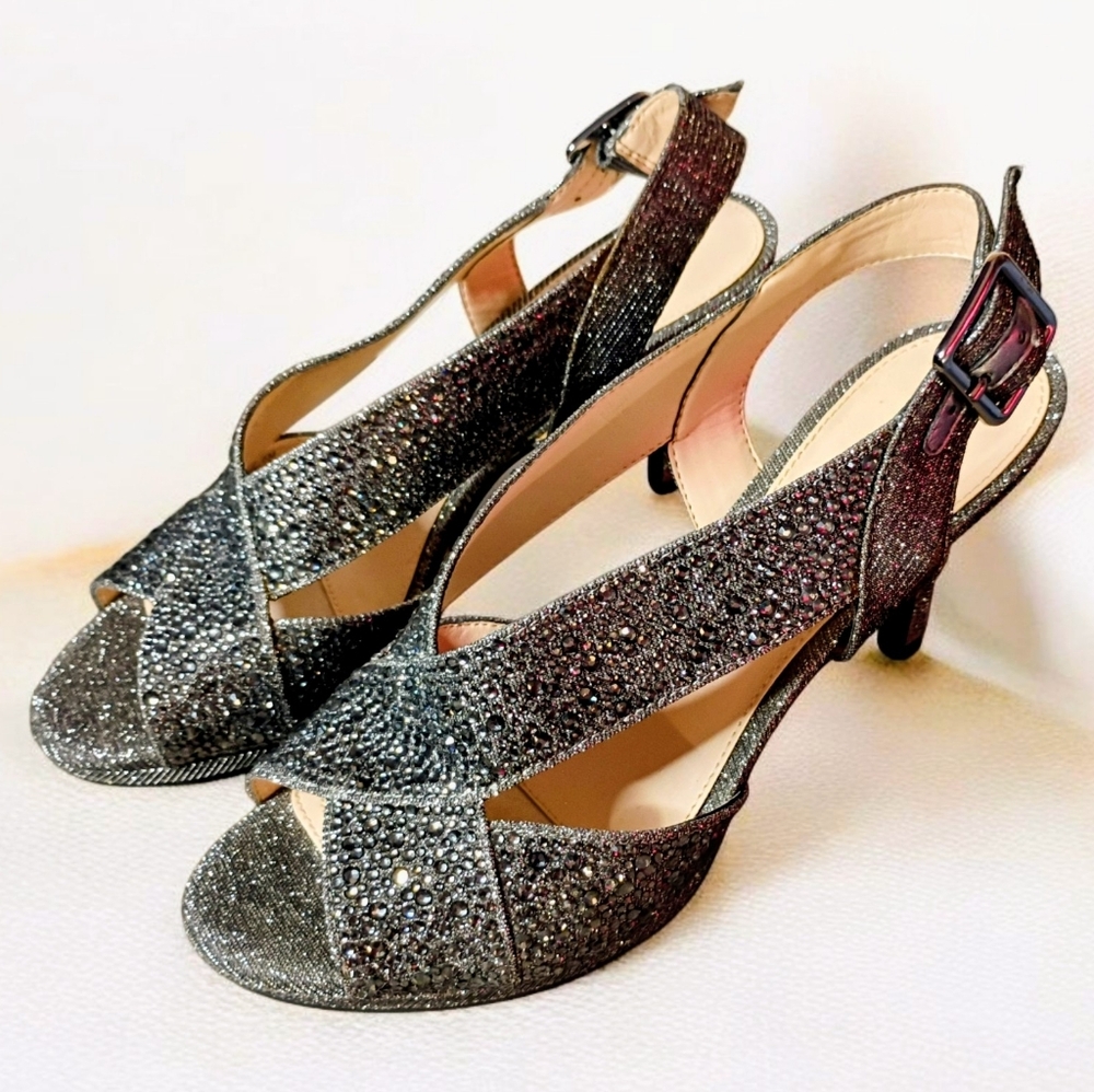 Alex Marie Silver Rhinestone Heels – Luxe Glam  Elegant Slingback Open Toe 7.5 - Picture 3 of 10